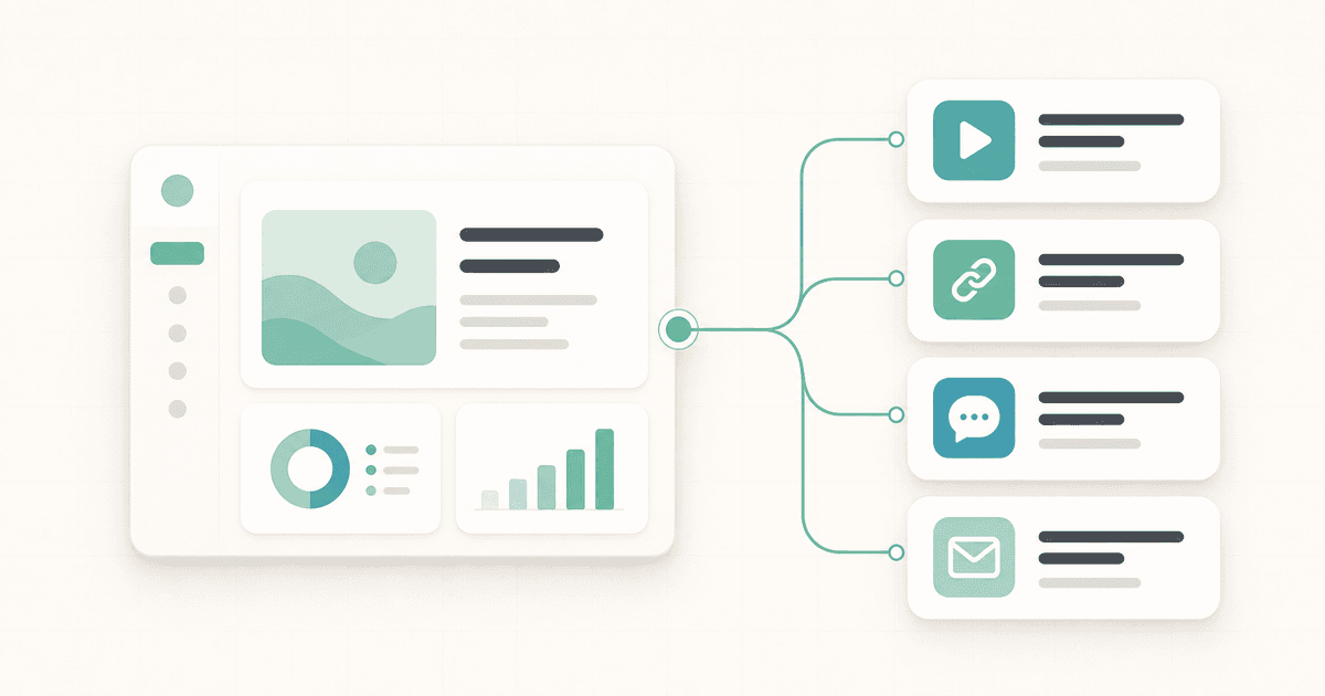Abstract SaaS content distribution dashboard connected to multiple content channels.