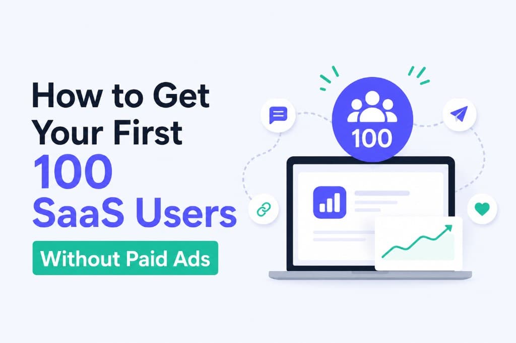 How to get your first 100 SaaS users without paid ads — growth chart, community icon, organic channels.