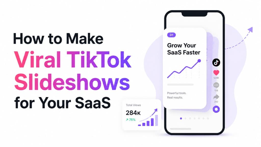 How to make viral TikTok slideshows for your SaaS — phone mockup with growth chart and 284K views.